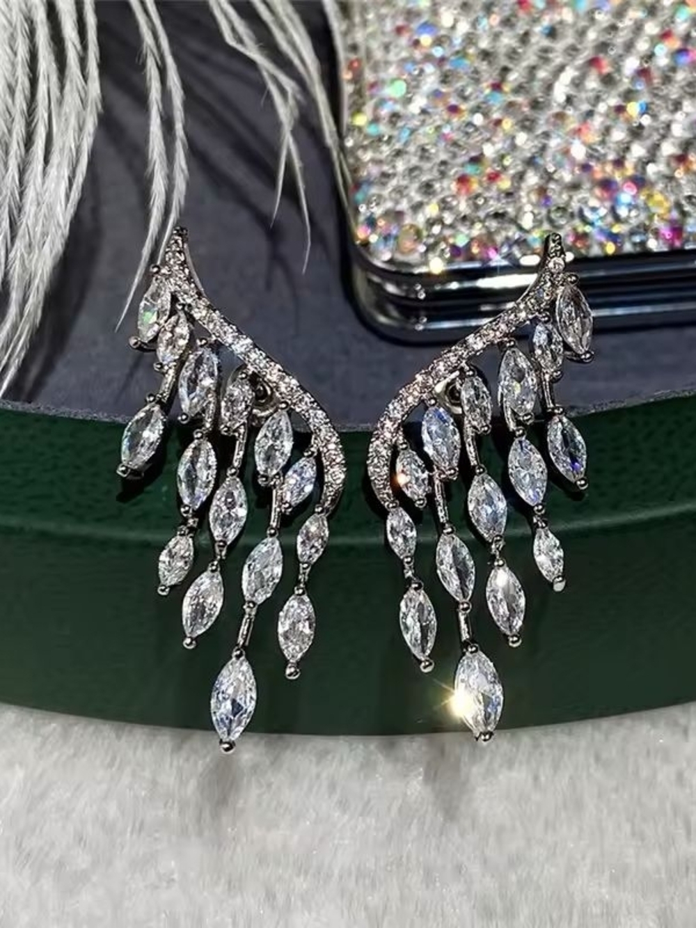 Silver Marquise Cascade Fringe Earrings - Clear - Picture 3 of 6